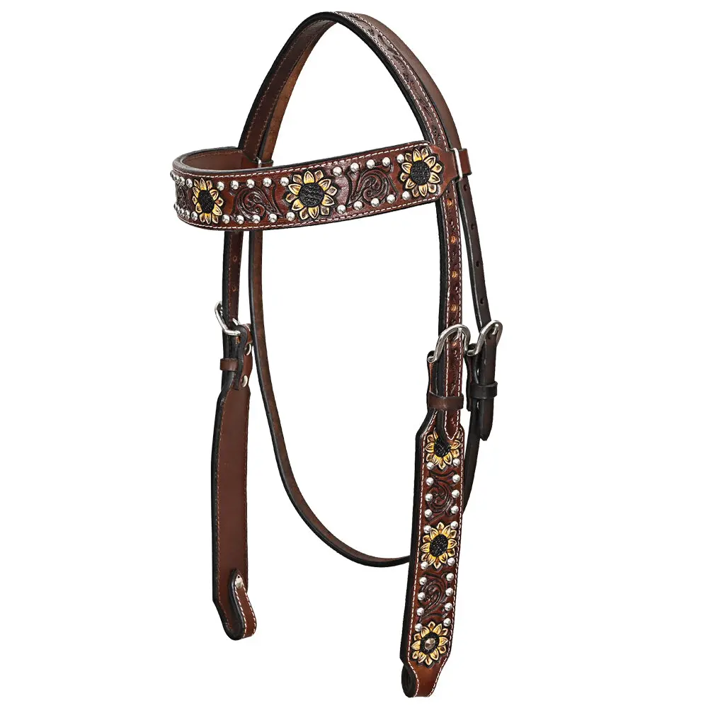 Comfytack Sunflower Hand Painted Horse Western Leather Headstall Brown 1