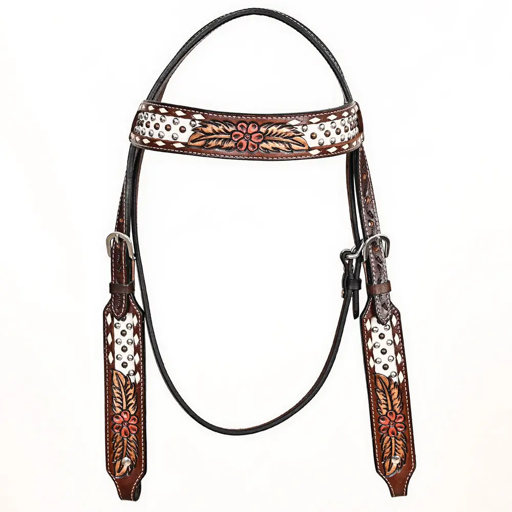 Comfytack Studs Floral Hand Painted Horse Western Leather Headstall Brown 2
