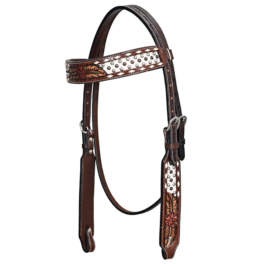 Comfytack Studs Floral Hand Painted Horse Western Leather Headstall Brown 1