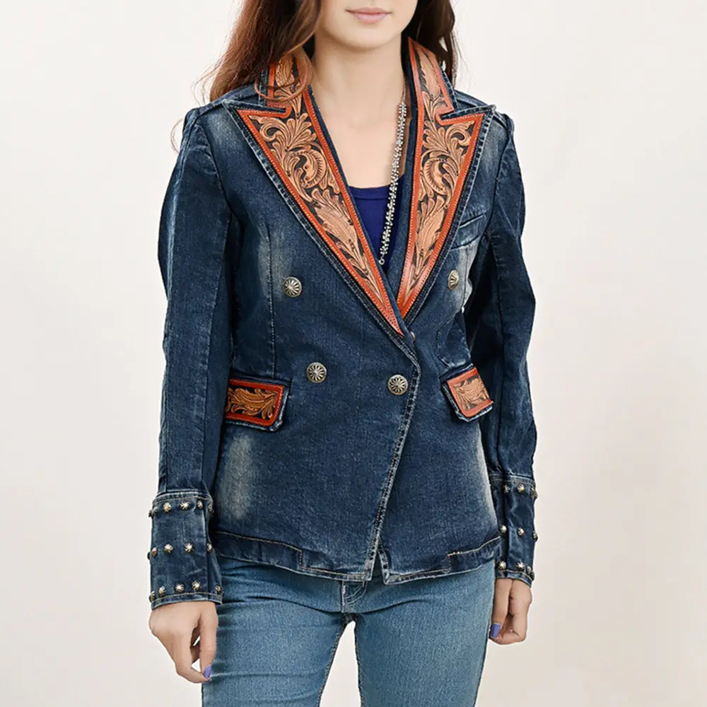 American Darling Genuine Leather Hand Tooled Carved Women 100% Cotton Denim Blazer Dress Jacket Ladies |Vintage 1