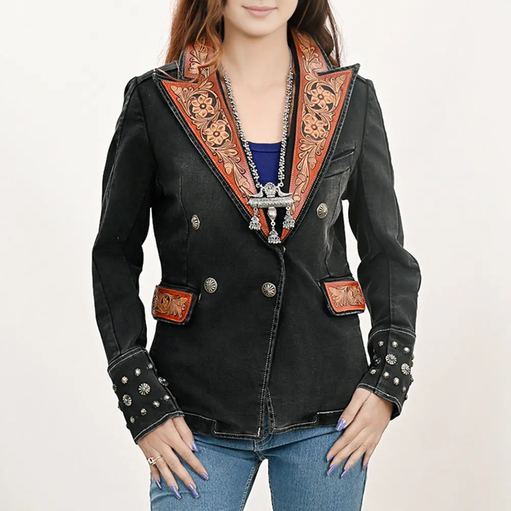 American Darling Genuine Leather Hand Tooled Carved Women 100% Cotton Denim Blazer Dress Jacket Ladies | Vintage 1