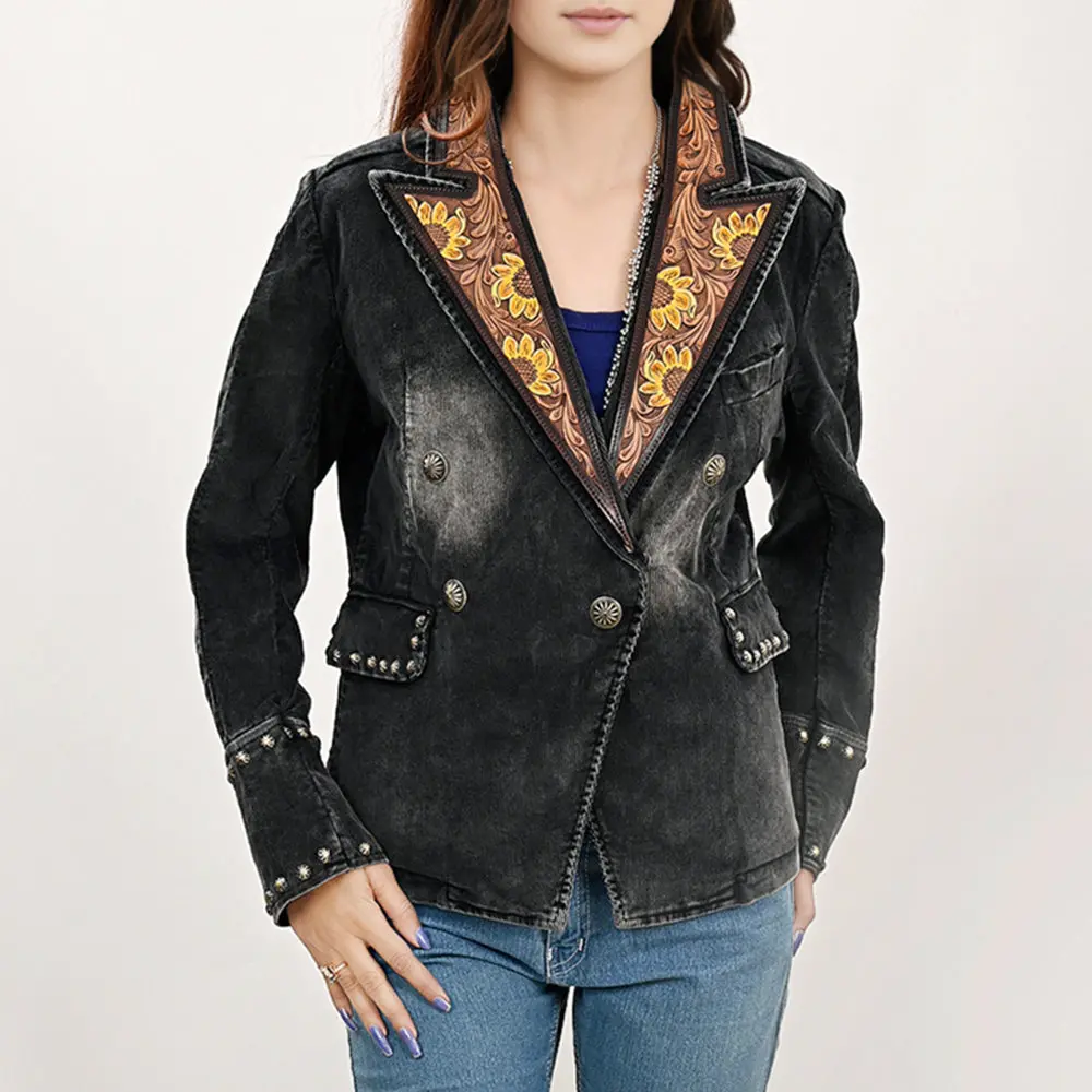 American Darling Genuine Leather Hand Tooled Carved Women 100% Cotton Denim Blazer Dress Jacket Ladies | Vintage 1