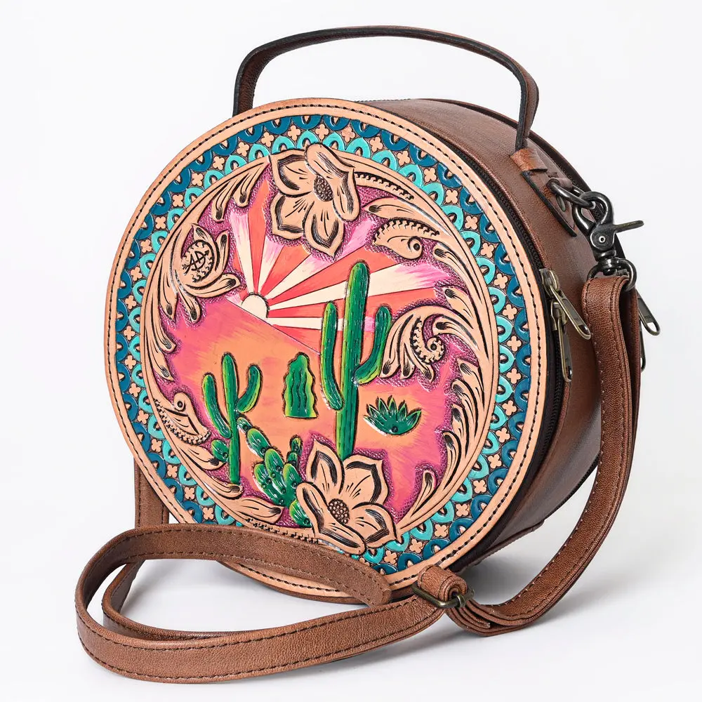American Darling Western Canteen Bag Hand Tooled Floral Carved Genuine Leather Crossbody 10In (H) X 10In (W) X 5In (D) 1