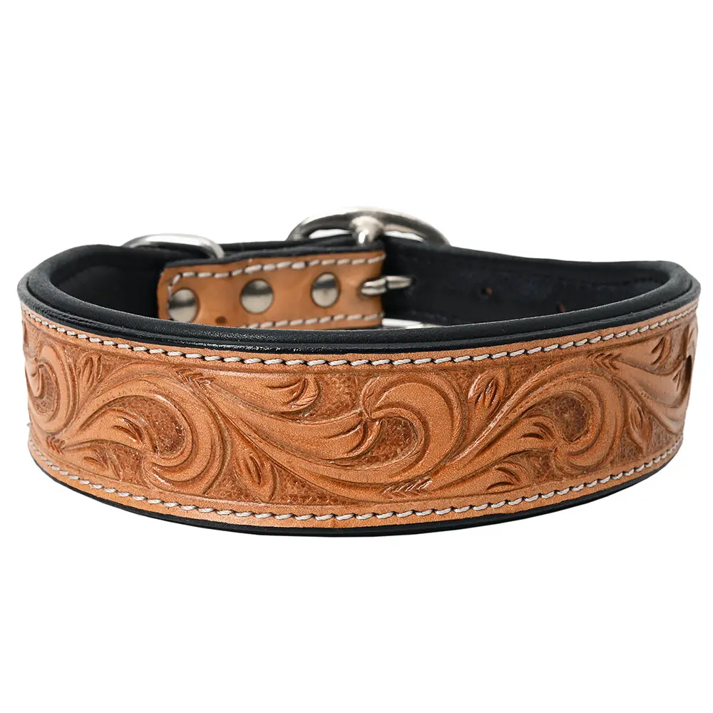 Hilason Western Genuine Leather Heavy Duty Dog Collar Floral Tooled 4