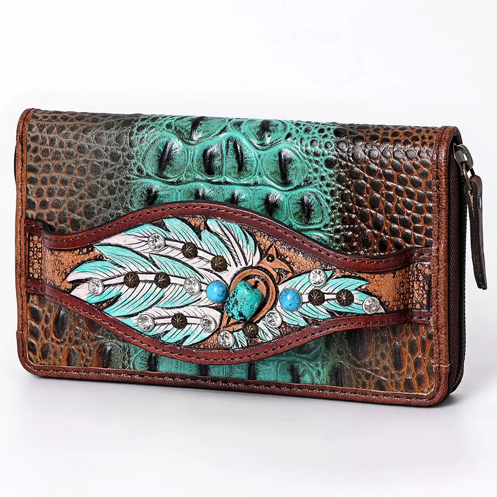 American Darling Western Organizer Bag Crocodile Embossed Hand Tooled Floral Carved Genuine Leather Wallet 4.5In (H) X 8In (W) 1