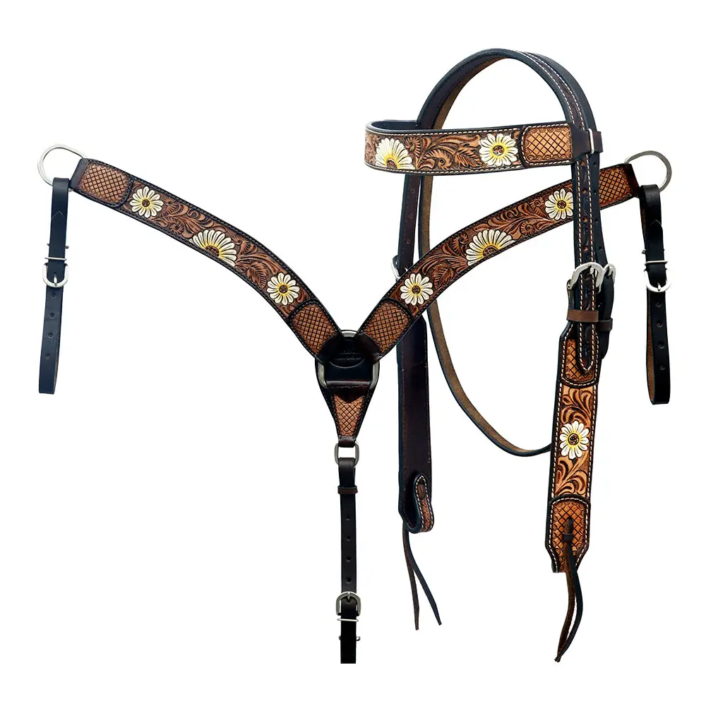 Hilason Horse Floral Hand Painted American Leather Breast Collar Headstall Brown 2