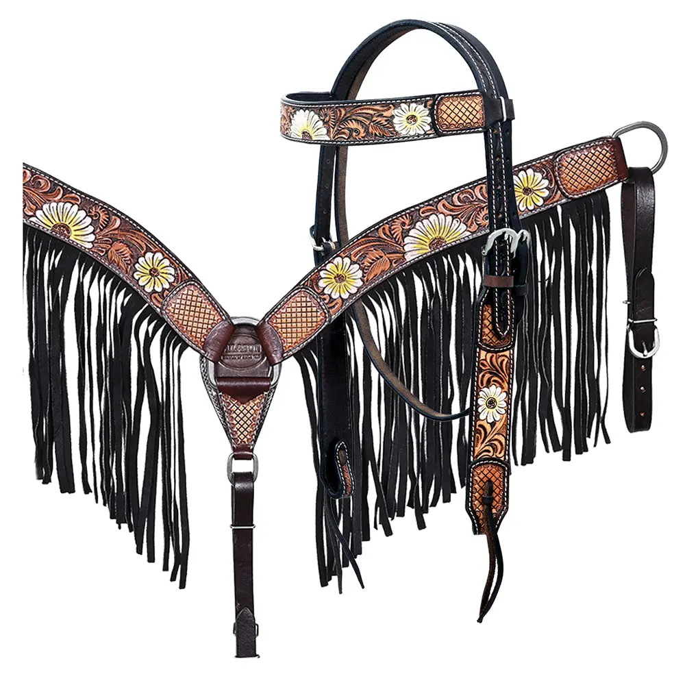 Hilason Western Horse Floral Hand Painted American Leather Breast Collar Fringes Brown 2