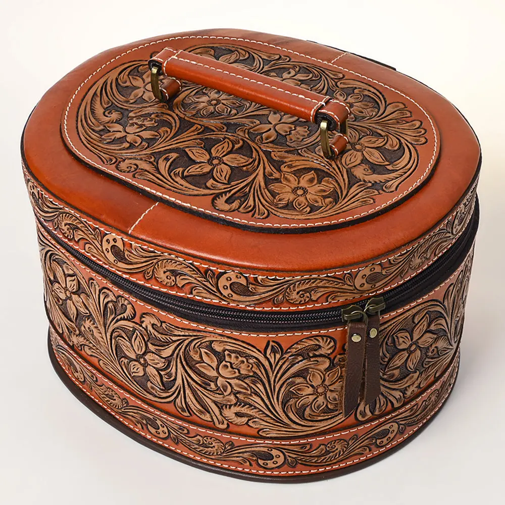 American Darling Hand Tooled Floral Carved Leather Jewelry Case Vegetable-Tanned Genuine Leather Ykk Zipper Western Storage 1