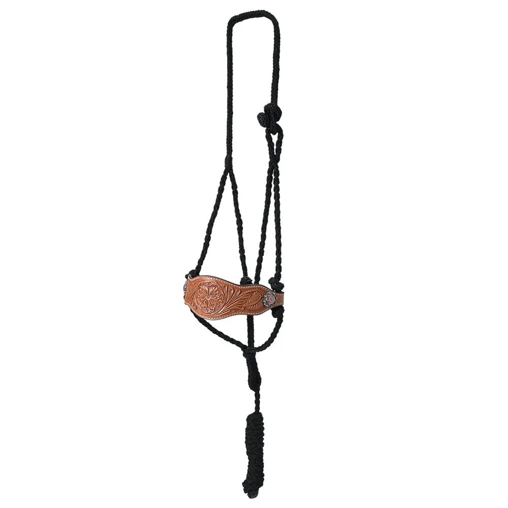 Hilason Western Horse Halter Basic Poly Rope With Lead Floral Leather Black 8 Ft | Halters For Horses And 1
