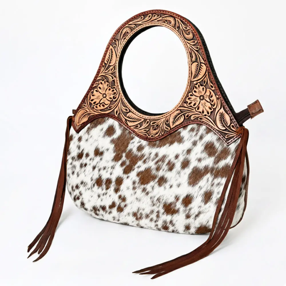 American Darling Western Clutch Bag Hair-On Cowhide Hand Tooled Floral Carved Genuine Leather Fringe Style 8In (H) X 13In (W) 1