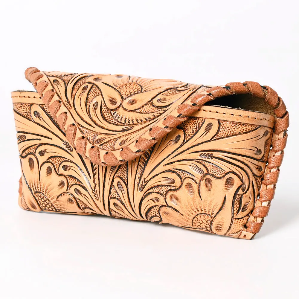 American Darling Western Sunglass Case Hand Tooled Floral Carved Genuine Leather 3In (H) X 6.5In (W) X 1In (D) 2