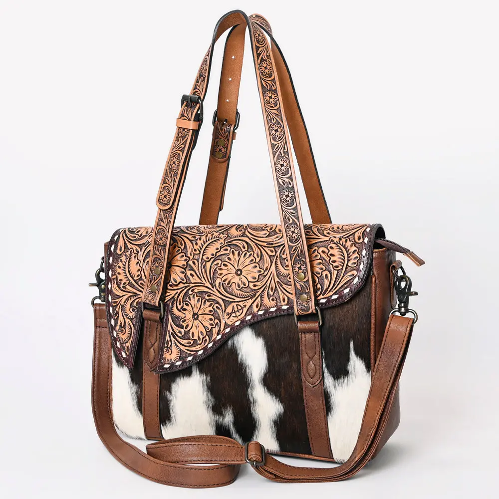 American Darling Hair-On Cowhide Western Tote Bag With Hand-Tooled Leather, Floral Carved Strap, Premium Genuine Leather 1