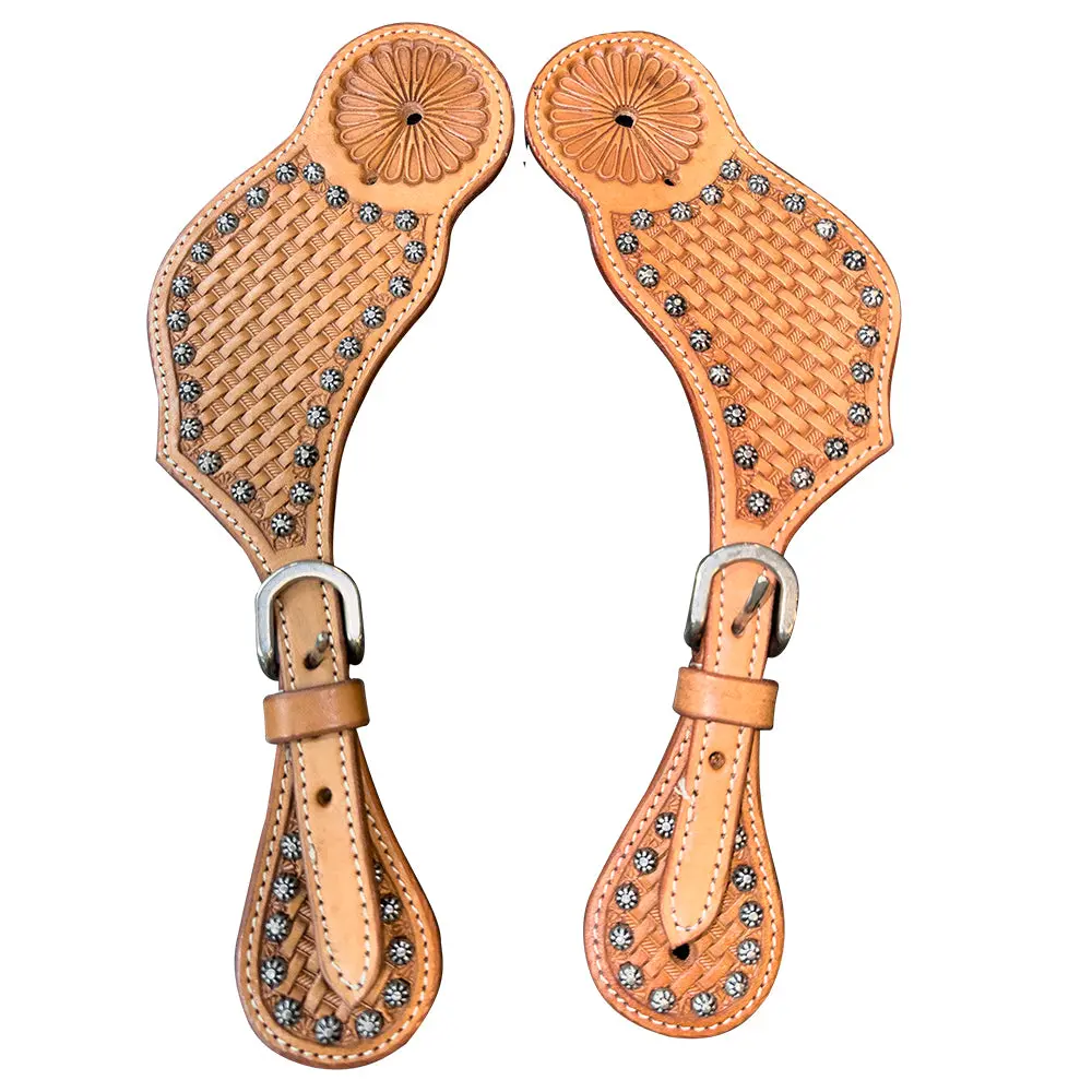 Hilason Western Unisex Spur Strap For Horse Riding Tan Basket Tooled Studds 1