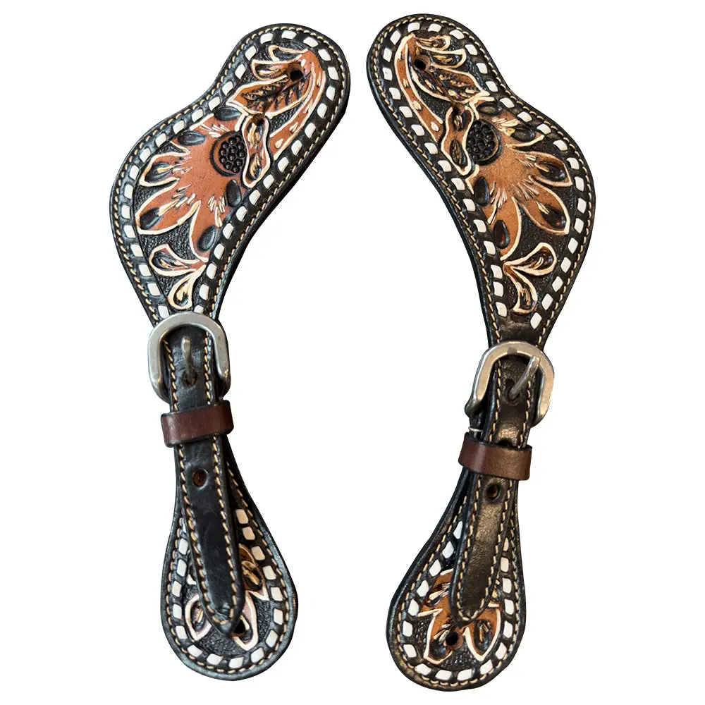 Hilason Unisex Spur Strap For Horse Riding Dark Brown Floral W/ Buck Stitch 1