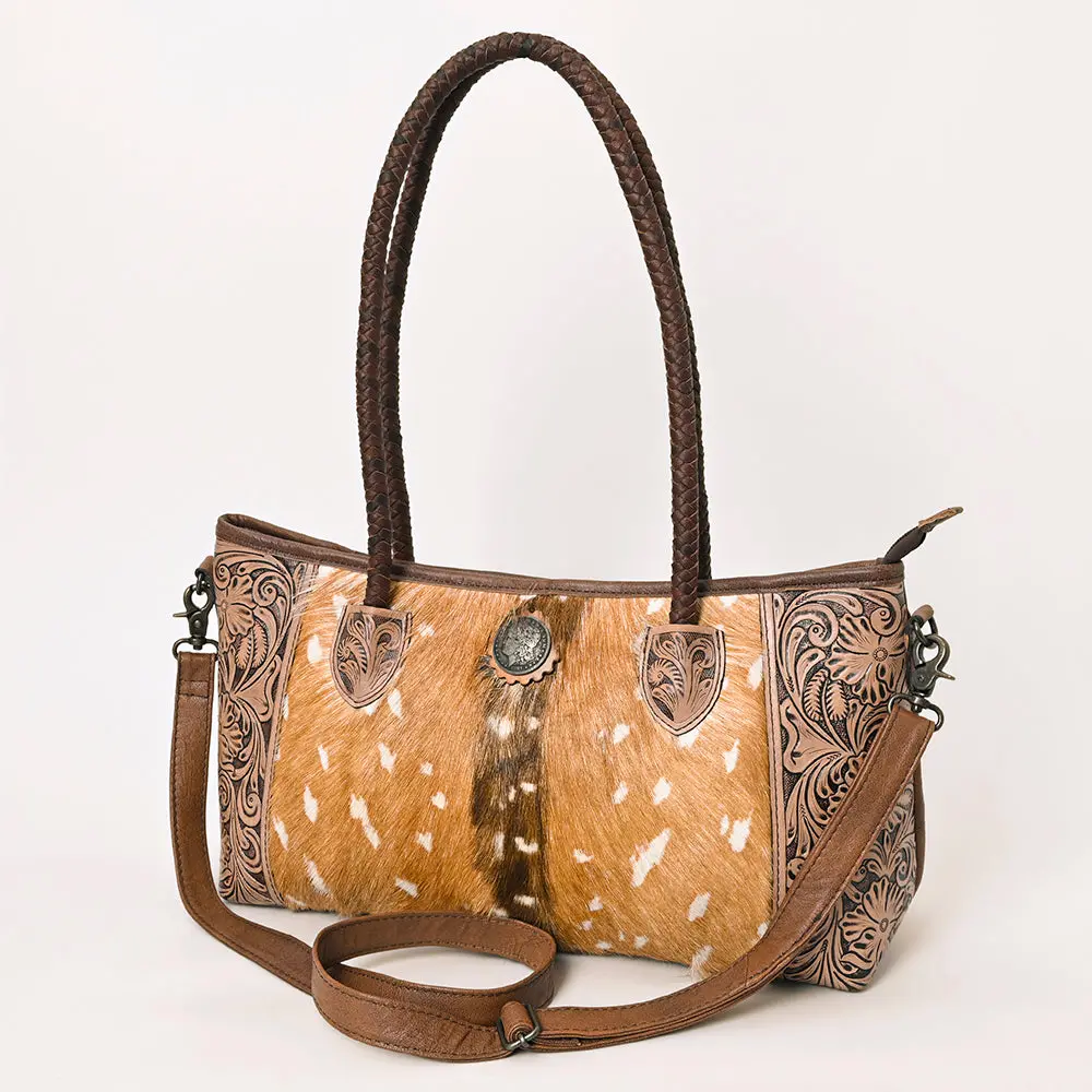 American Darling Western Tote Bag With Hair-On Cowhide, Hand-Tooled Leather, Dual Handles & Removable Strap – Genuine Leather 1