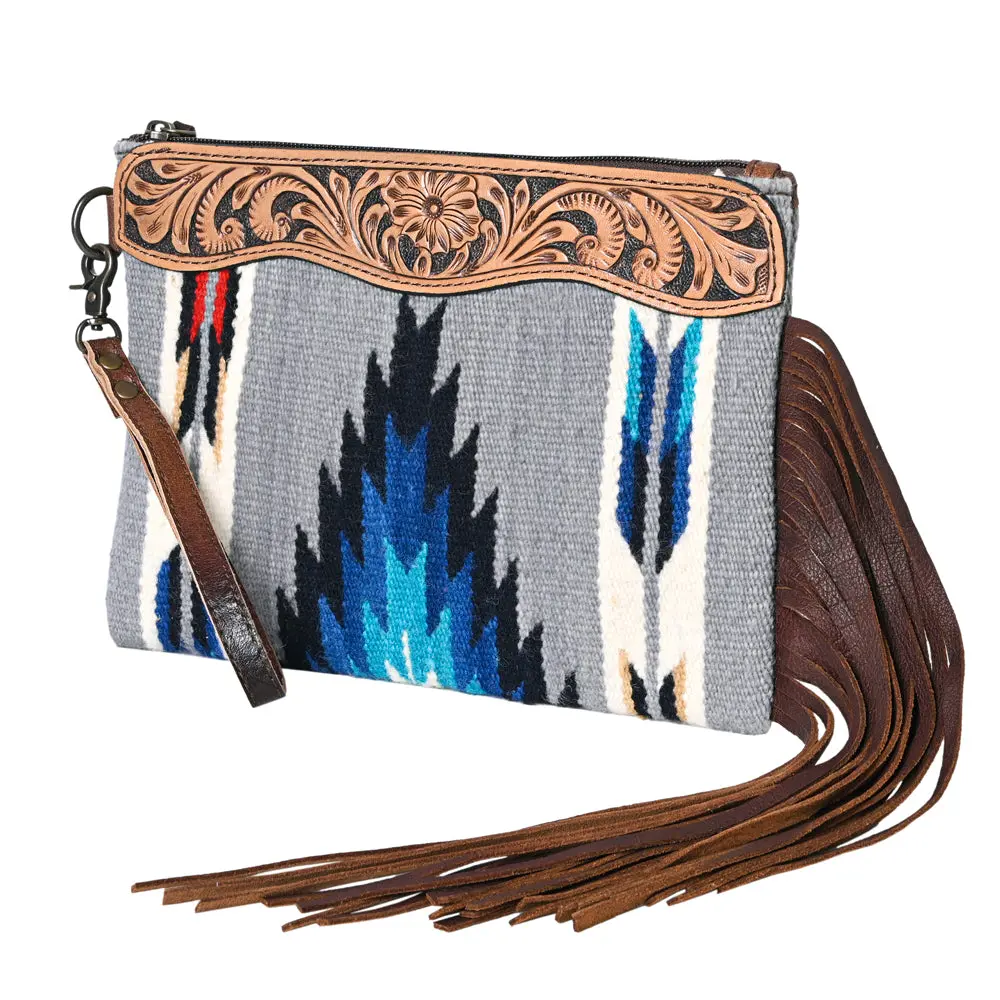 Ohlay Wristlet Hand Tooled Upcycled Wool Genuine Leather Women Bag Western Handbag Purse 1