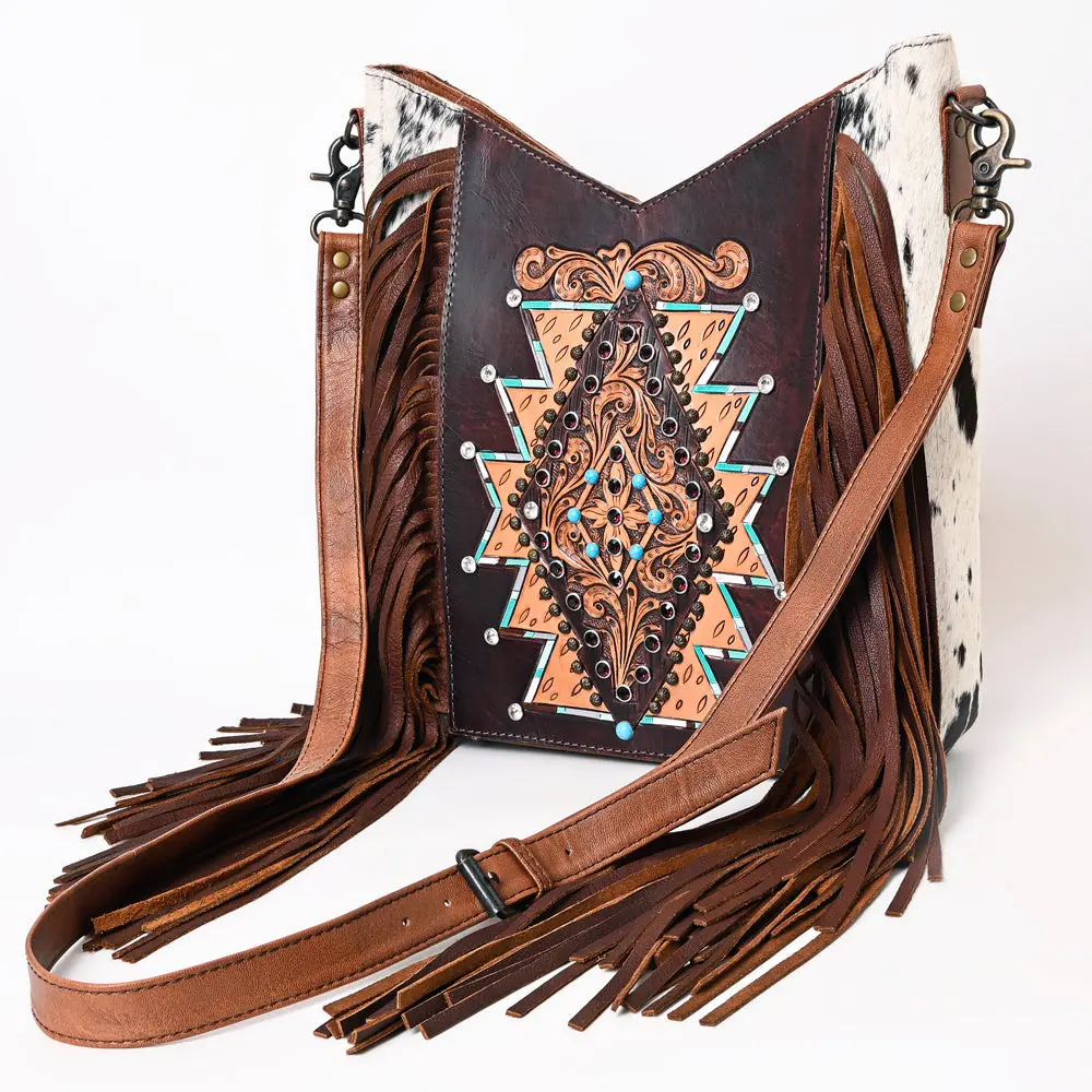 American Darling Women’S Hand-Tooled Hair-On Cowhide Western Leather Fringe Crossbody Bag 14In (H) X 12In (W) X 3In (D) 1