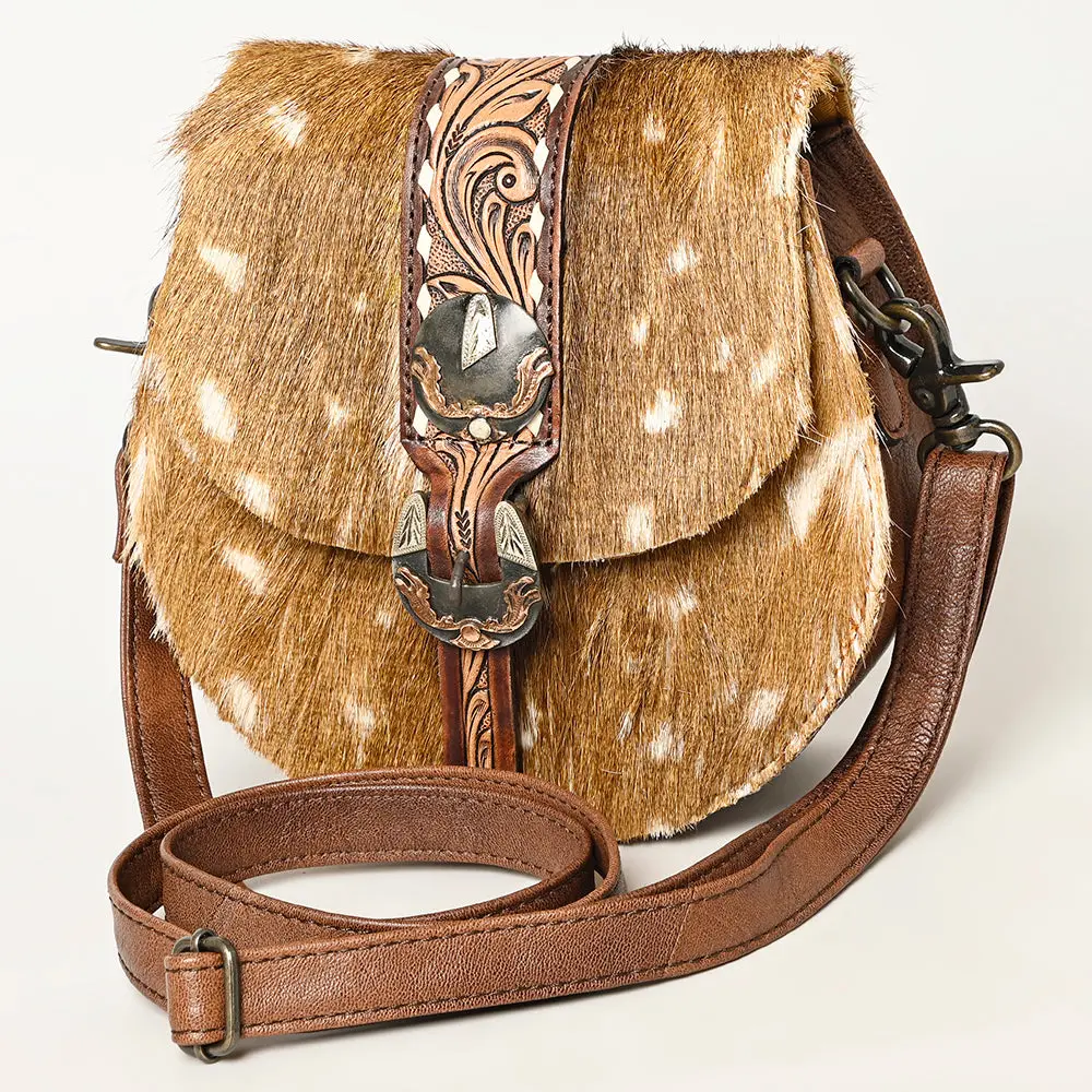 American Darling Hair-On And Hand-Tooled Genuine Leather Western Crossbody Bag With Adjustable Strap 7In (H) X 8In (W) X 3In (D) 1