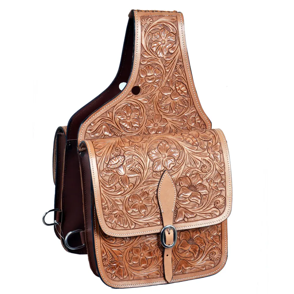 Hilason Western Horse Floral Tooled Leather Saddle Bag Heavy Duty Traditional Trail Ride Tan | Equestrian Western Adjustable Closure 1