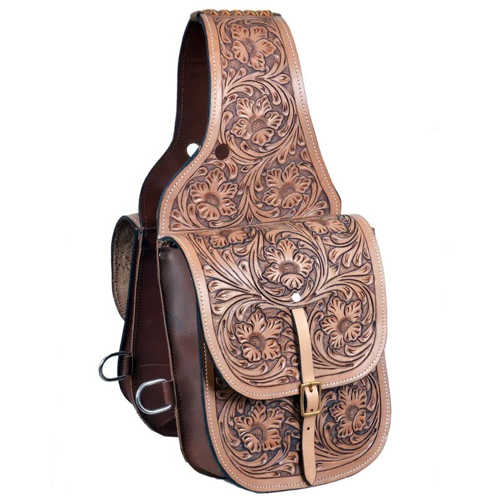 Hilason Western Horse Floral Tooled Leather Saddle Bag Heavy Duty Traditional Trail Ride Oiled Tan | Equestrian Western Adjustable Closure 1