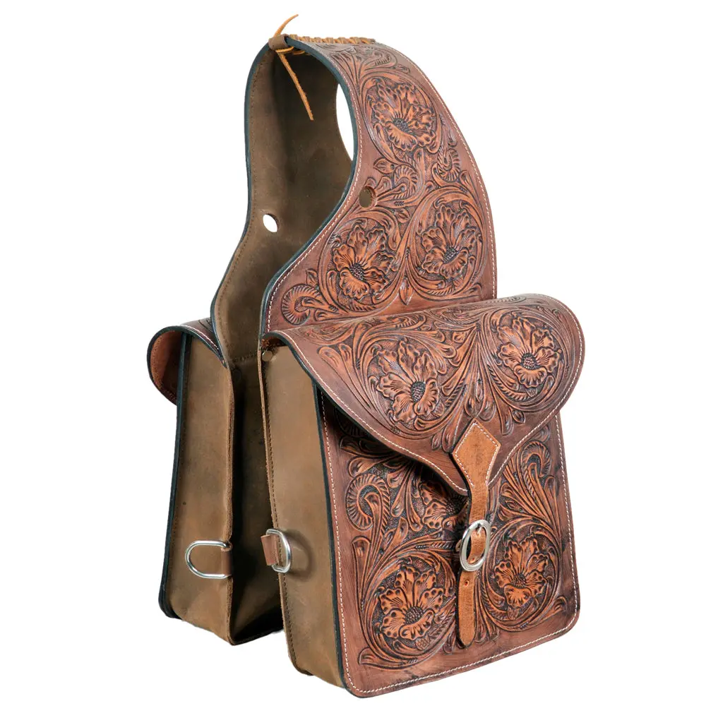 Hilason Western Horse Floral Tooled Leather Saddle Bag Heavyduty Traditional Trail Ride Oiled Tan | Equestrian Western Adjustable Closure 1