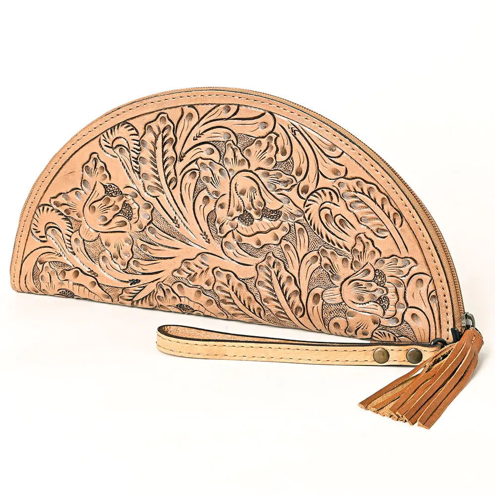 American Darling Western Hand-Tooled Leather Taco Bag For Women – Genuine Floral Carved Wristlet With Fringe Details 1