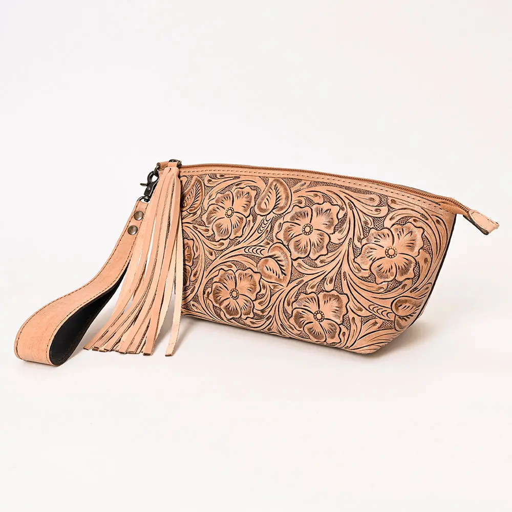 American Darling Western Hand-Tooled Leather Wristlet Bag – Genuine Floral Carved Women’S Clutch With Fringe Strap 2