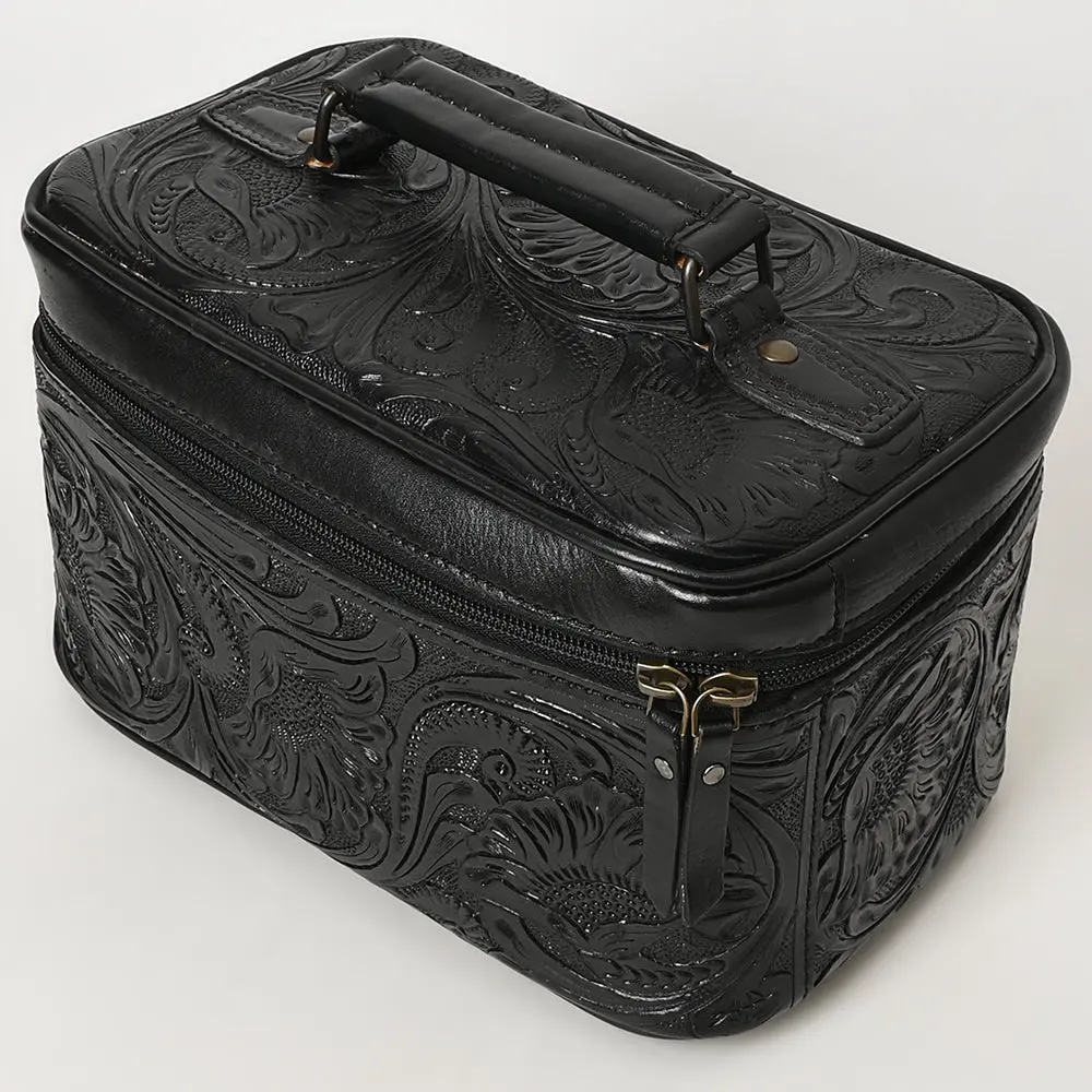 American Darling Western Hand Tooled Leather Jewelry Case | Handcrafted Travel Makeup Bag With Handle And Divided Interior 2
