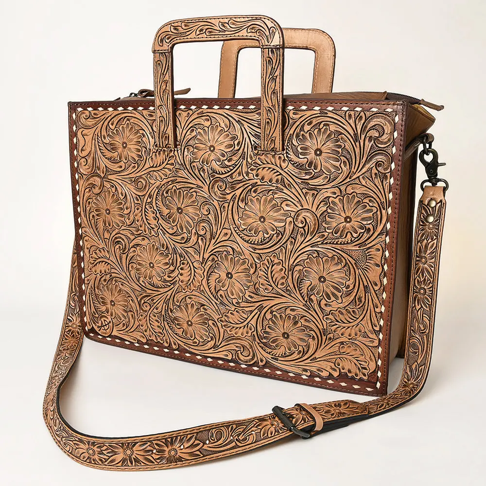American Darling Western Laptop Briefcase Tote Handcrafted From Hand Tooled Genuine Leather | Floral Carved & Multi-Pocket Work Bag 1