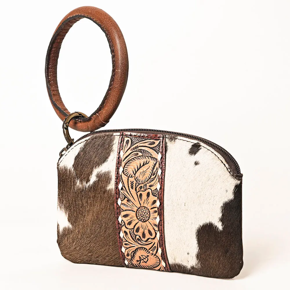 American Darling Western Wristlet Pouch Handcrafted From Hair-On Cowhide & Hand-Tooled Leather | Floral Carved Panel & Oversized O-Ring Handle 1