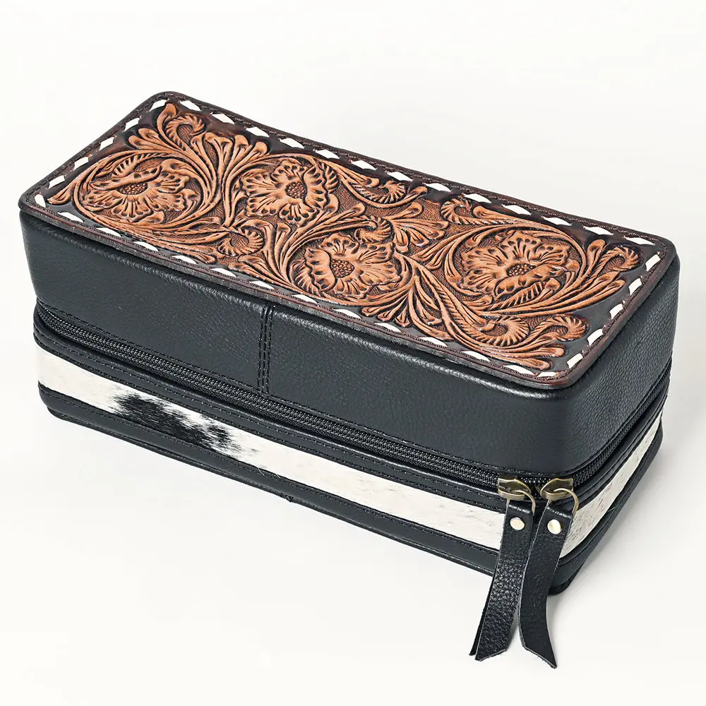 American Darling Hair-On Cowhide Hand Tooled Floral Carved Leather Jewelry Case Genuine Western Leather With Ykk Zipper 1
