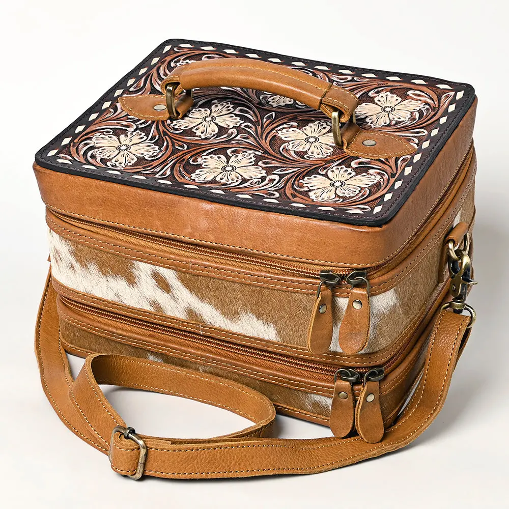 American Darling Hair-On Cowhide Hand Tooled Floral Carved Leather Jewelry Case Genuine Western Leather With Ykk Zipper 1
