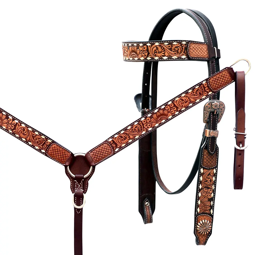 Floral Horse Western Leather Breast Collar & Headstall Comfytack By Hilason 1
