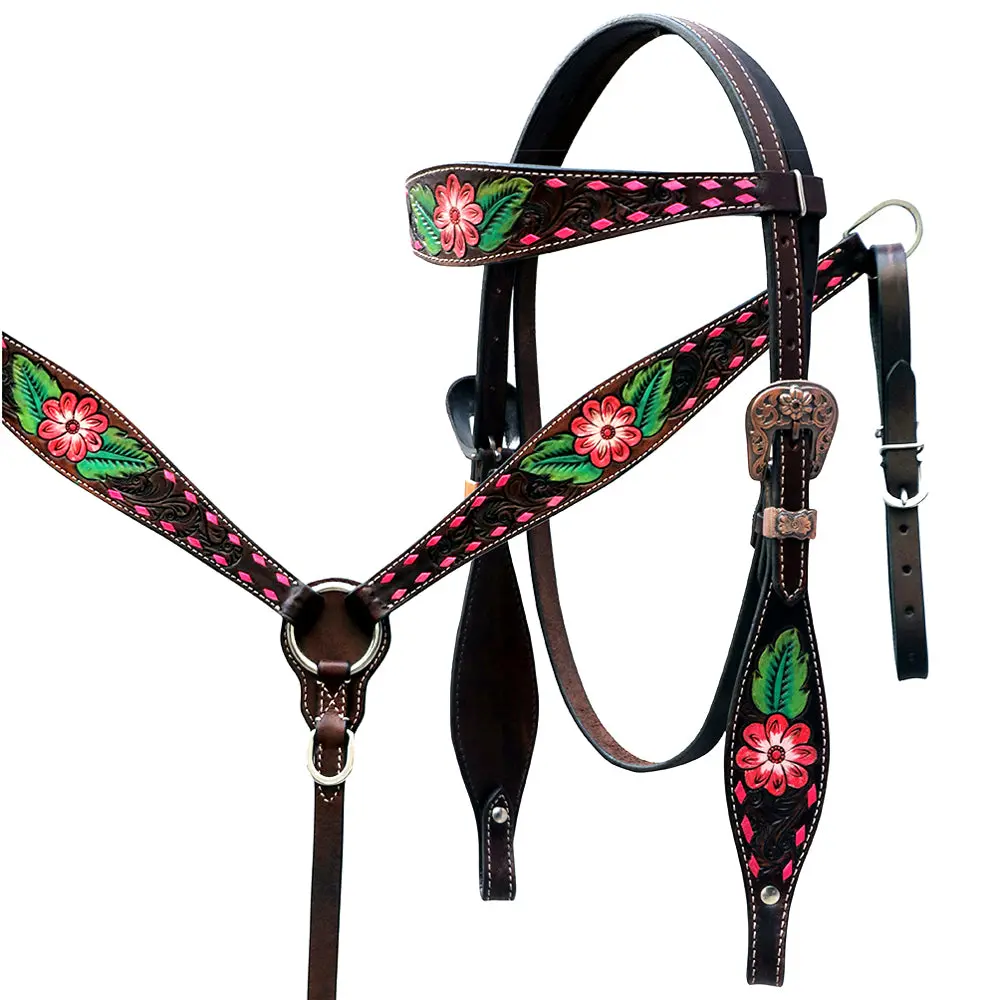 Floral Horse Western Leather Breast Collar & Headstall Comfytack By Hilason 1
