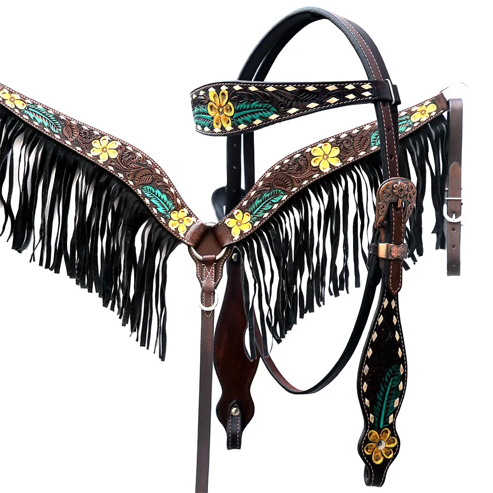 Comfytack Horse Floral Hand Painted Genuine Leather Breast Collar Headstall Fringes 1