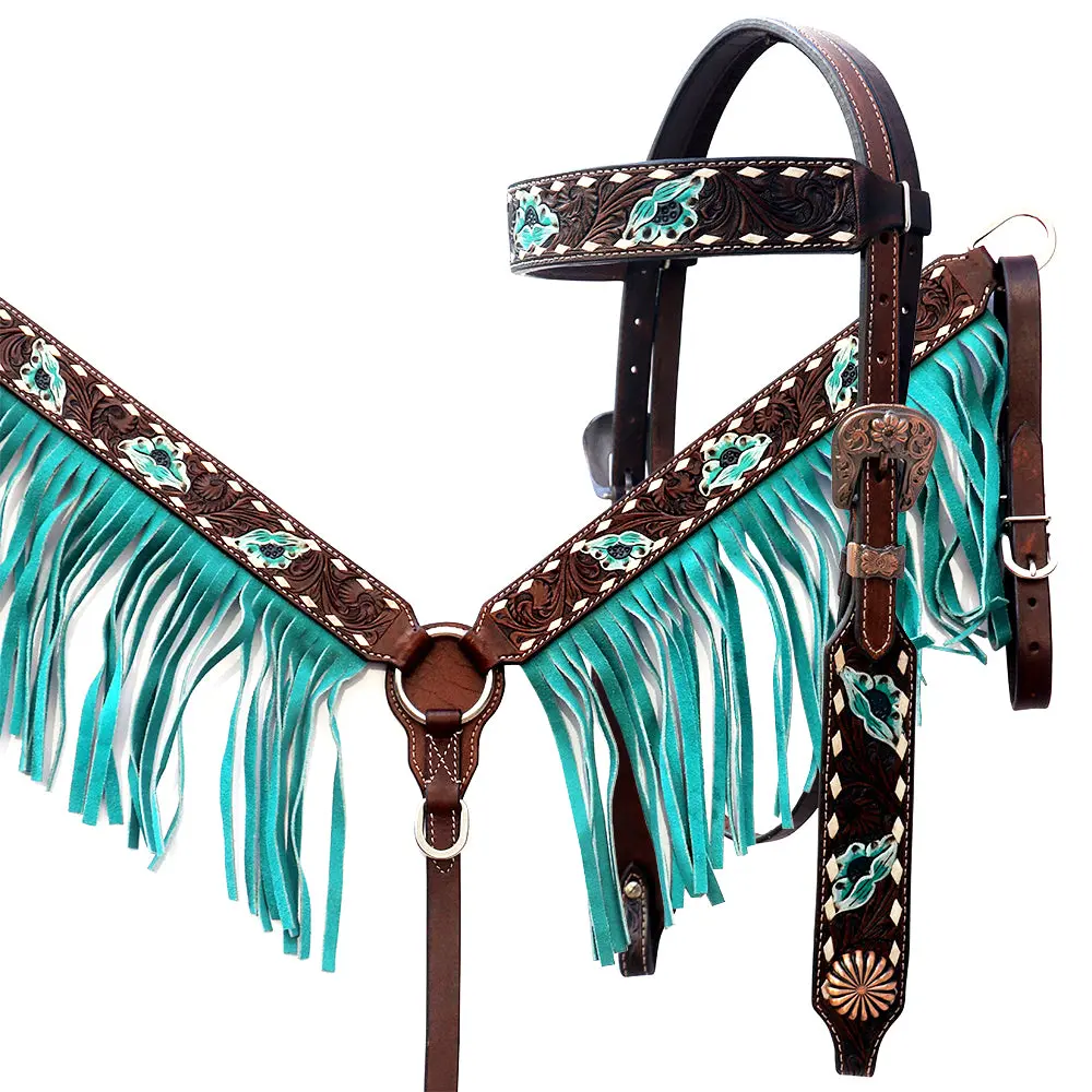 Comfytack Horse Floral Hand Painted Genuine Leather Breast Collar Headstall Fringes 1