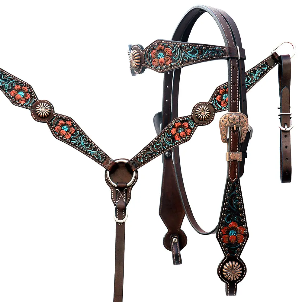 Floral Horse Western Leather Breast Collar & Headstall Comfytack By Hilason 1