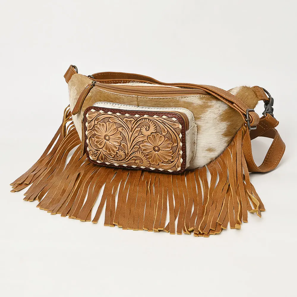 American Darling Western Leather Fanny Pack With Hair-On Cowhide, Fringe Detailing, Hand-Tooled Front Pocket & Adjustable Strap 1