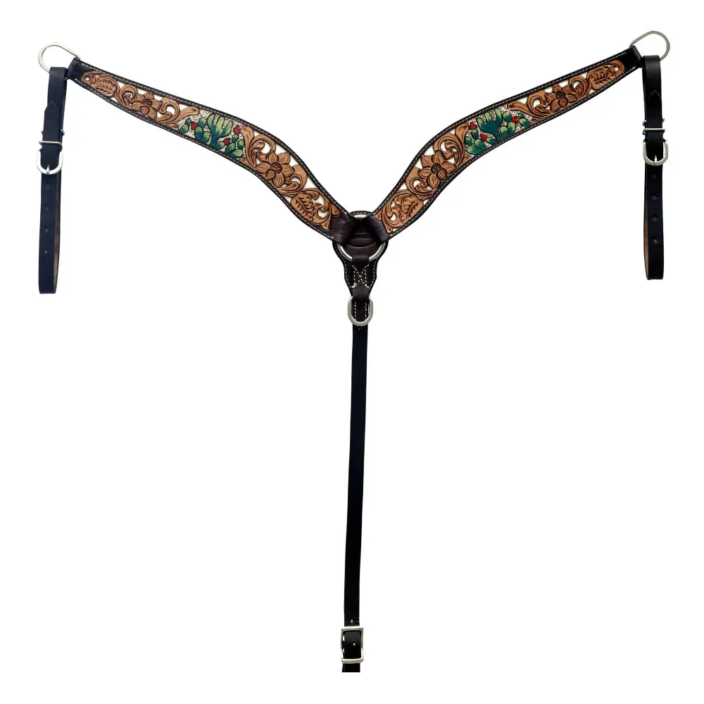 Hilason Horse Floral Hand Painted American Leather Breast Collar Headstall Cactus Brown 1
