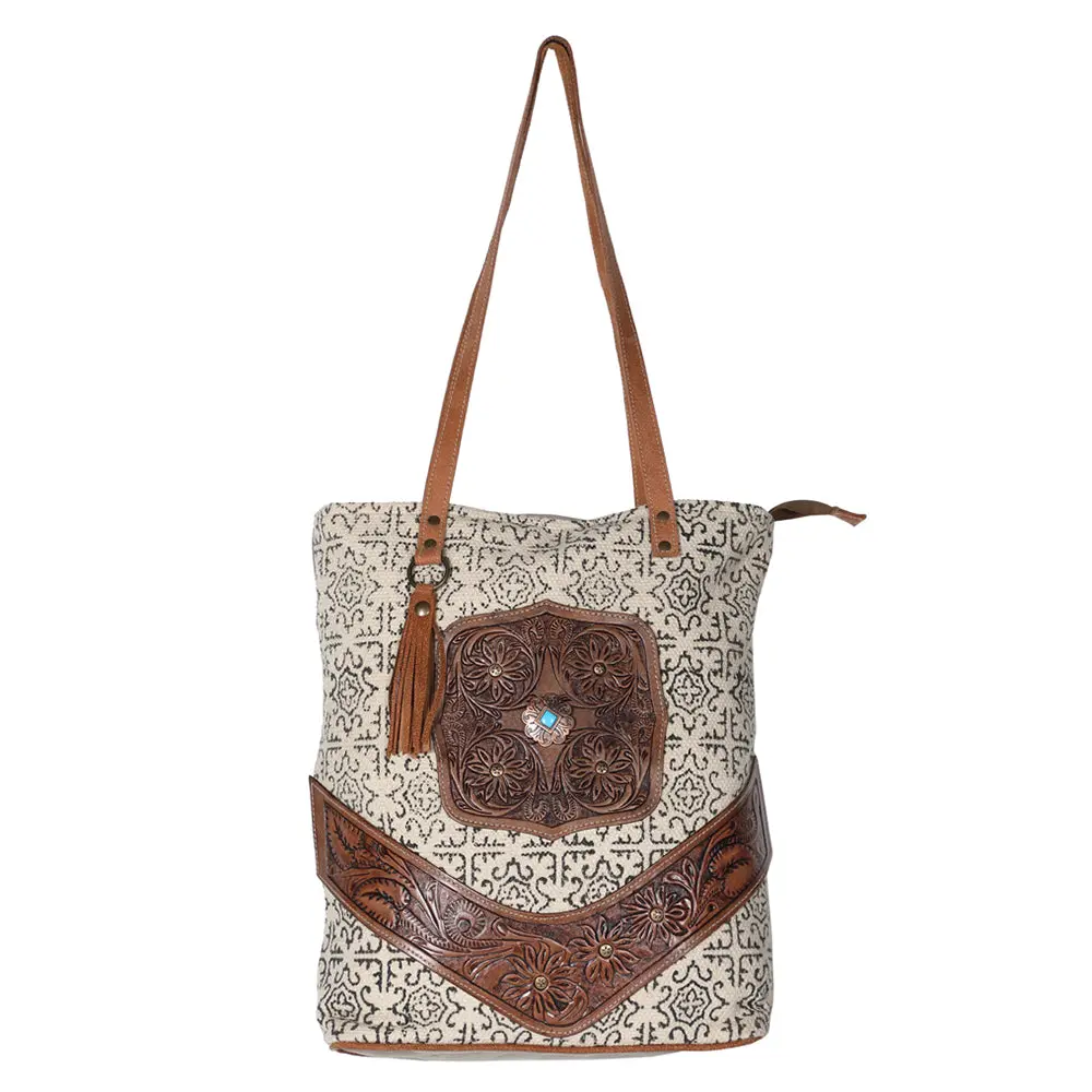 Ohlay Bags Ohv183 Tote Hand Tooled Upcycled Canvas Genuine Leather Women Bag Western Handbag Purse 1
