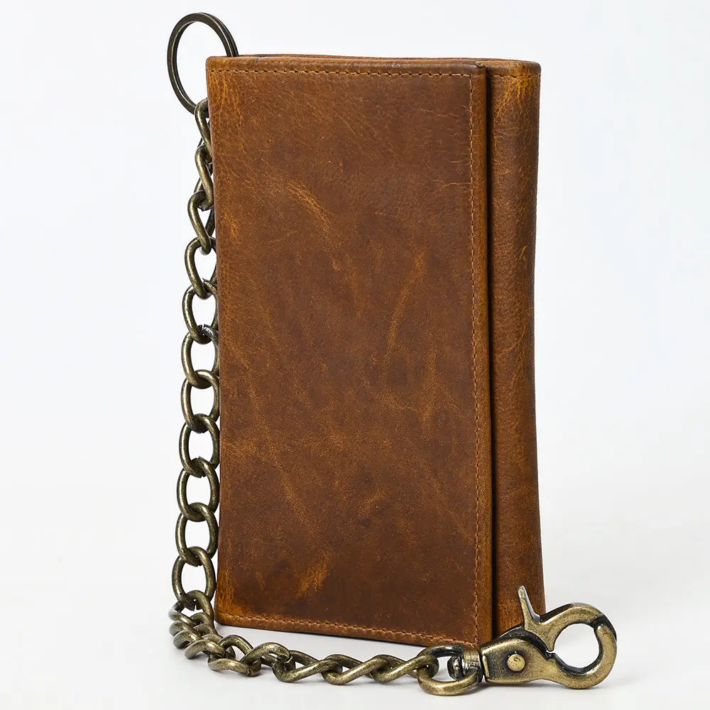 American Tanner Genuine Leather Rodeo Trifold Unisex Wallet With Chain Snap 1