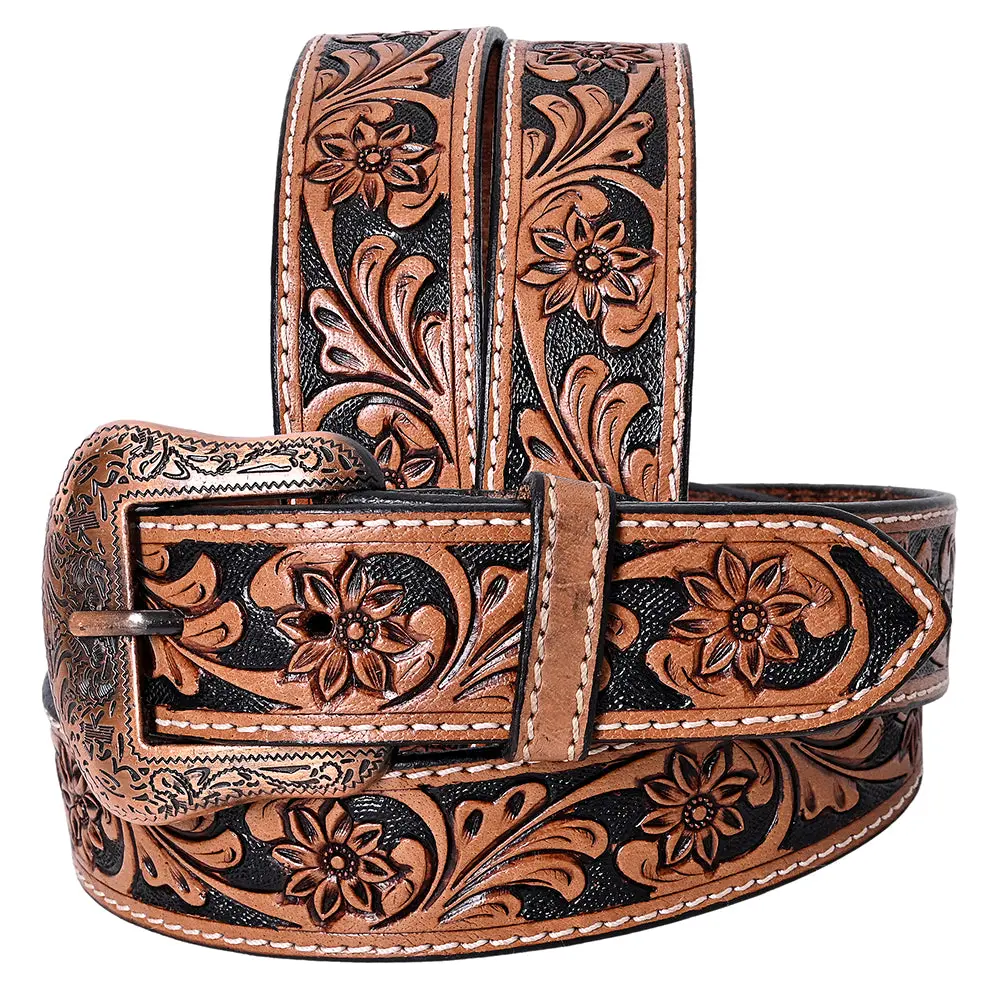 Comfytack Western Genuine Leather Belt For Men Women Cowboy Cowgirl Handmade Unisex Full Grain Heavy Duty Floral Tooled 1