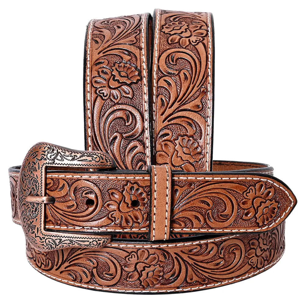 Comfytack Western Genuine Leather Belt For Men Women Cowboy Cowgirl Handmade Unisex Full Grain Heavy Duty Floral Tooled 1