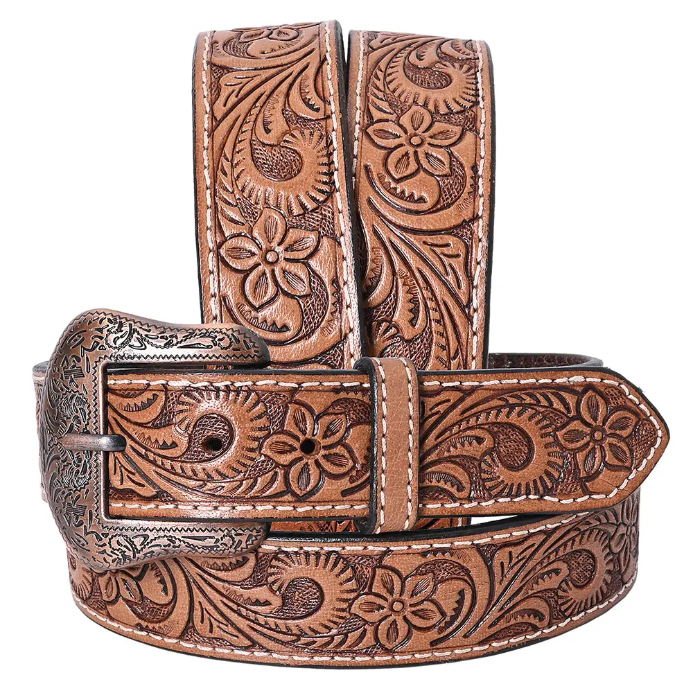 Comfytack Western Genuine Leather Belt For Men Women Cowboy Cowgirl Handmade Unisex Full Grain Heavy Duty Floral Tooled 1
