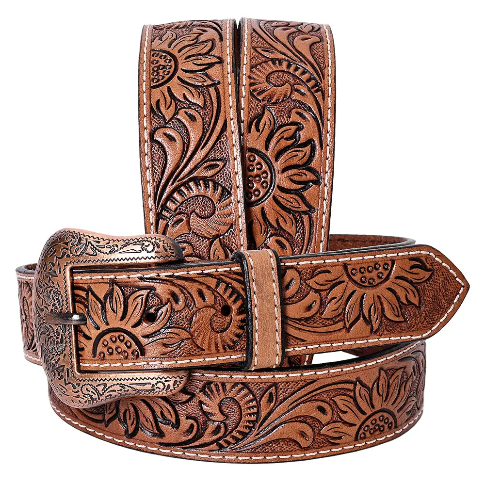 Comfytack Western Genuine Leather Belt For Men Women Cowboy Cowgirl Handmade Unisex Full Grain Heavy Duty Floral Tooled 1
