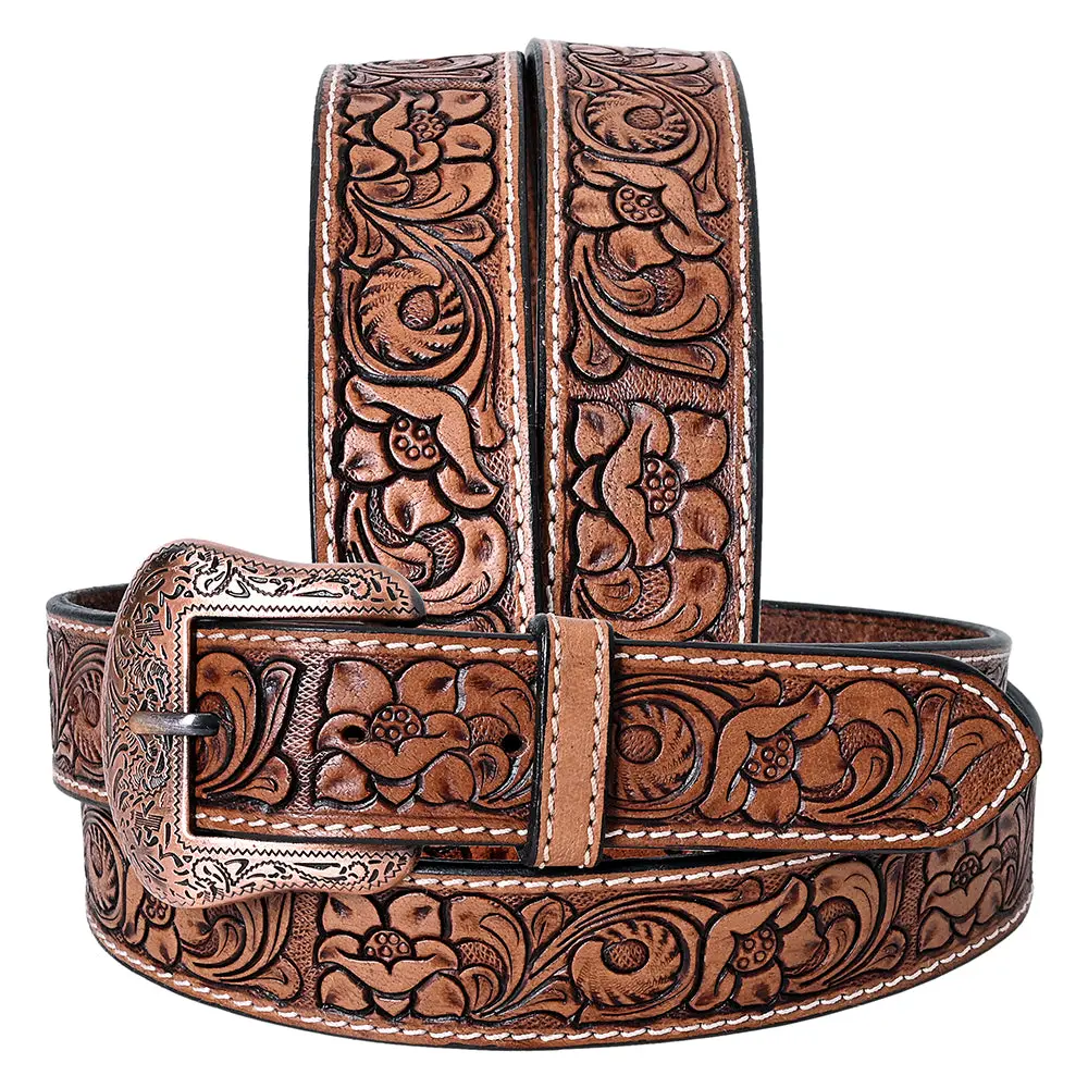 Comfytack Western Genuine Leather Belt For Men Women Cowboy Cowgirl Handmade Unisex Full Grain Heavy Duty Floral Tooled 1