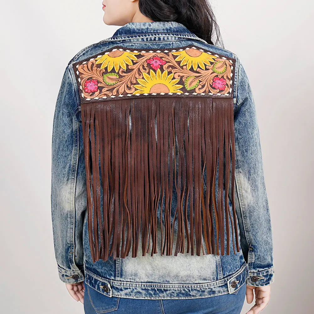 American Darling Genuine Leather Hand Tooled Carved Women 100% Cotton Denim Jacket Dress Ladies Girl | Shirt For 1