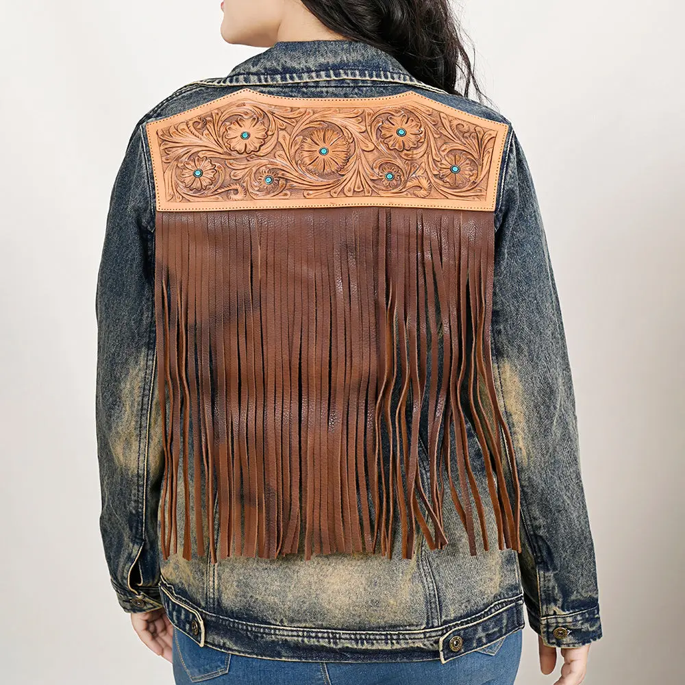 American Darling Genuine Leather Hand Tooled Carved Women 100% Cotton Denim Jacket Dress Ladies Girl | Shirt For 1