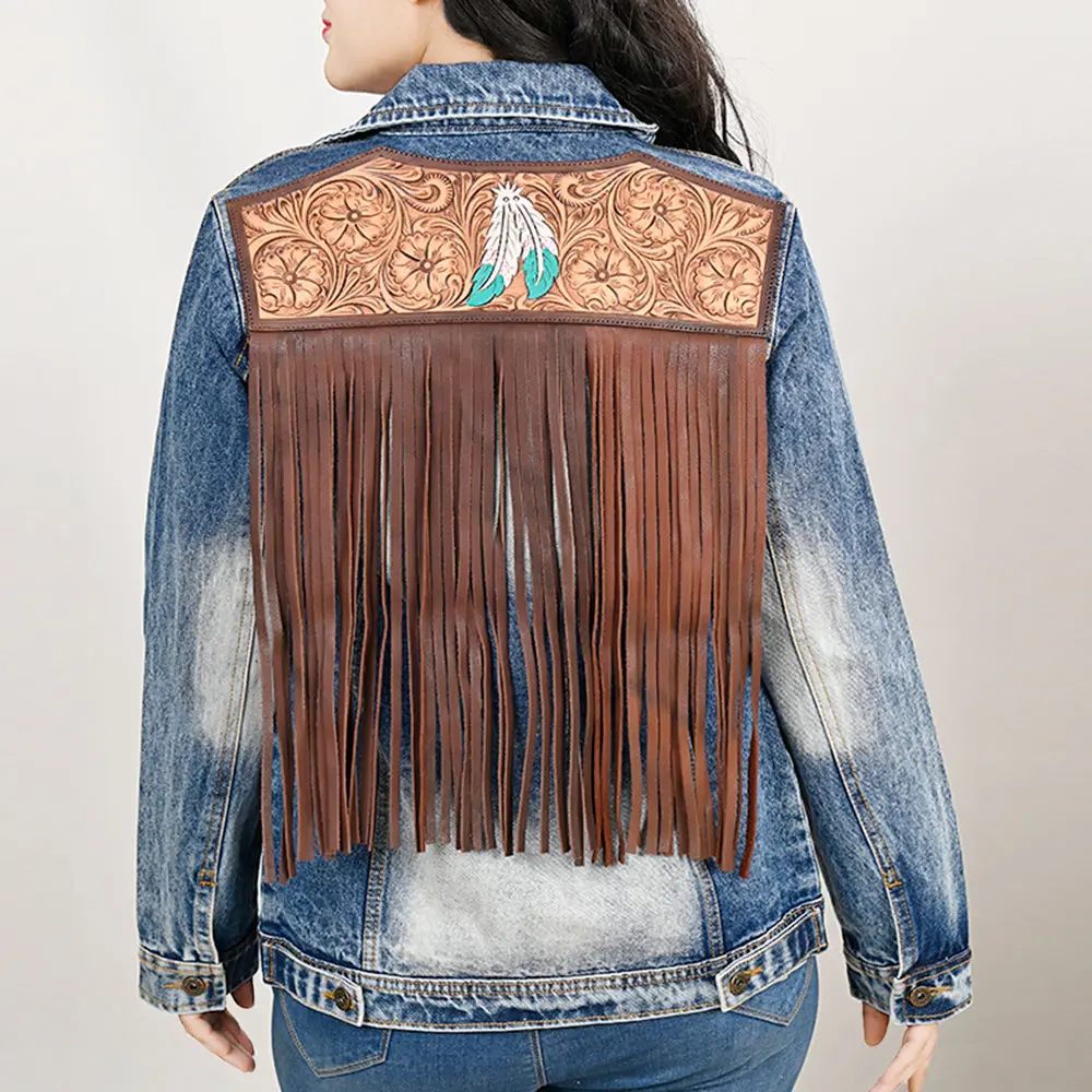 American Darling Genuine Leather Hand Tooled Carved Women 100% Cotton Denim Jacket Dress Ladies Girl | Shirt For 1