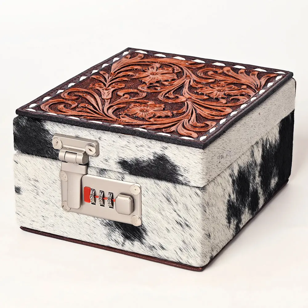American Darling Hair-On Cowhide Hand Tooled Floral Carved Leather Jewelry Case Genuine Western Leather With Ykk Zipper 1
